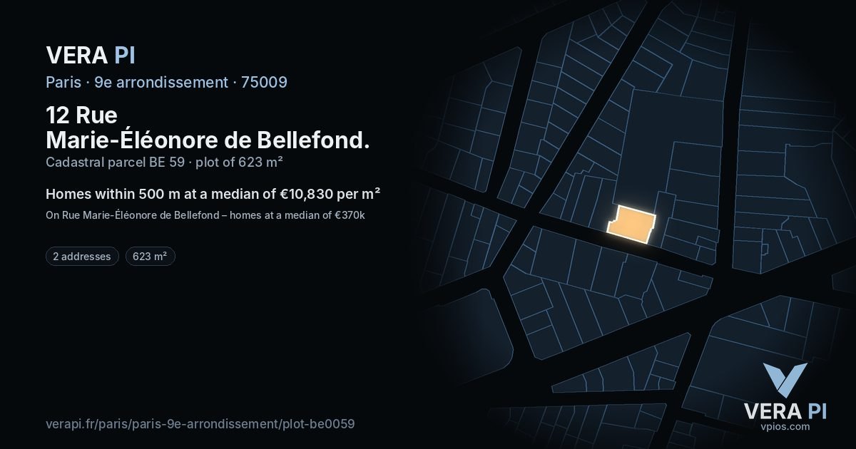 12 Rue Marie-Éléonore de Bellefond, 9e arrondissement at night – the plot lit, the parcels around coloured by the prices near them