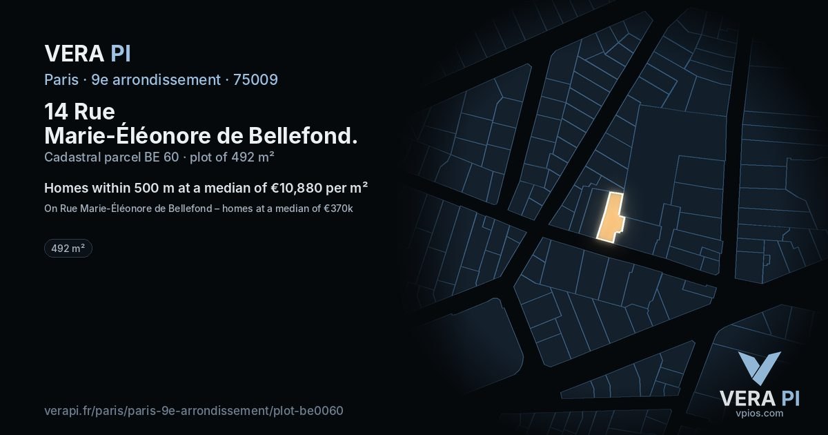 14 Rue Marie-Éléonore de Bellefond, 9e arrondissement at night – the plot lit, the parcels around coloured by the prices near them