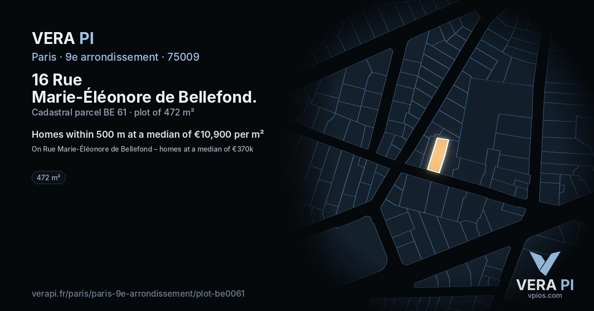 16 Rue Marie-Éléonore de Bellefond, 9e arrondissement at night – the plot lit, the parcels around coloured by the prices near them