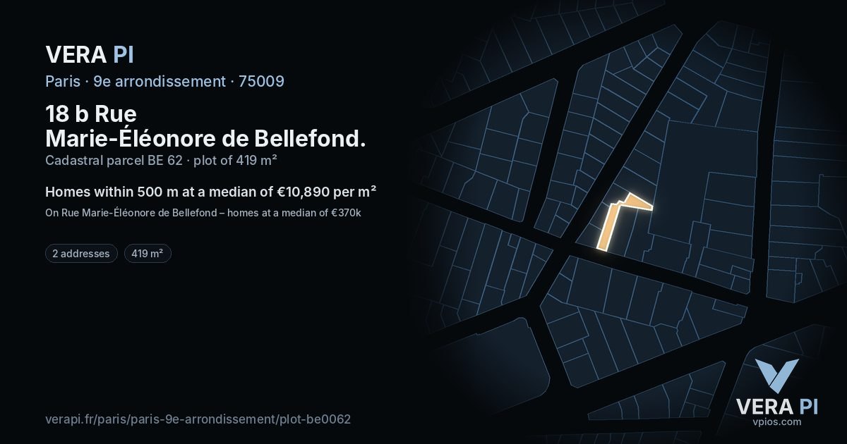 18 b Rue Marie-Éléonore de Bellefond, 9e arrondissement at night – the plot lit, the parcels around coloured by the prices near them