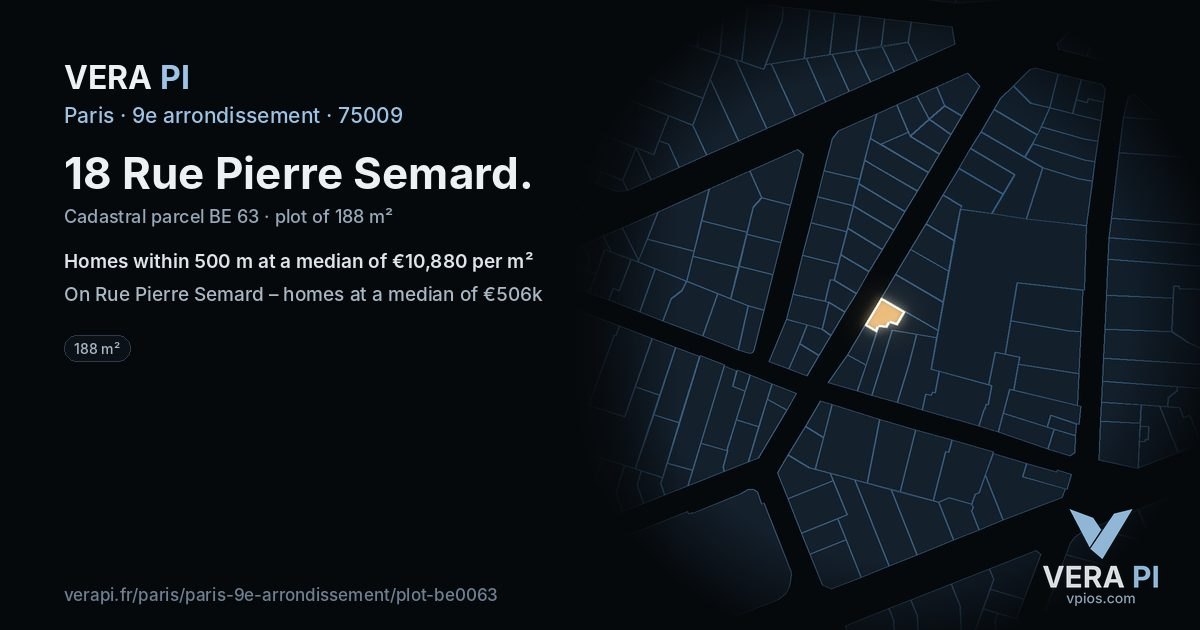 18 Rue Pierre Semard, 9e arrondissement at night – the plot lit, the parcels around coloured by the prices near them