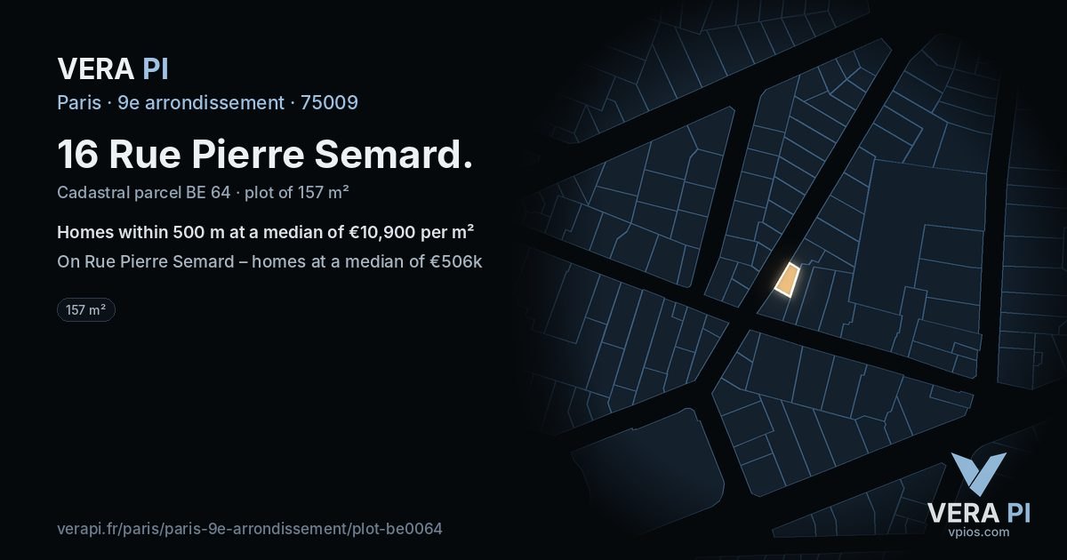 16 Rue Pierre Semard, 9e arrondissement at night – the plot lit, the parcels around coloured by the prices near them