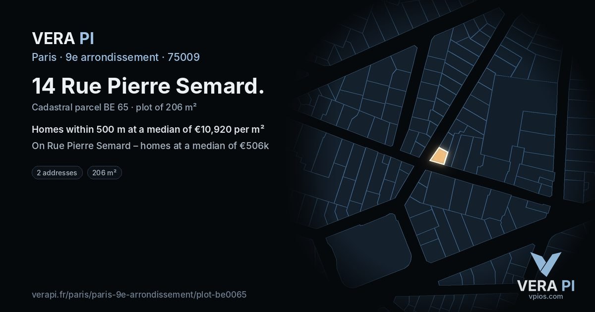 14 Rue Pierre Semard, 9e arrondissement at night – the plot lit, the parcels around coloured by the prices near them