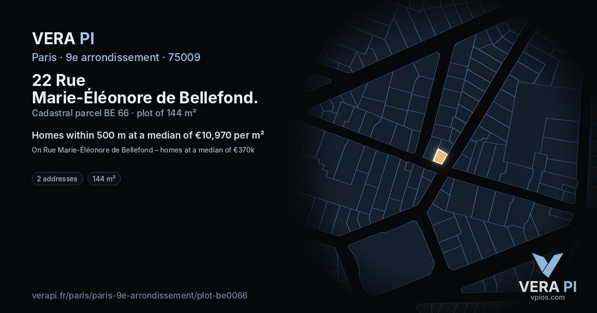22 Rue Marie-Éléonore de Bellefond, 9e arrondissement at night – the plot lit, the parcels around coloured by the prices near them
