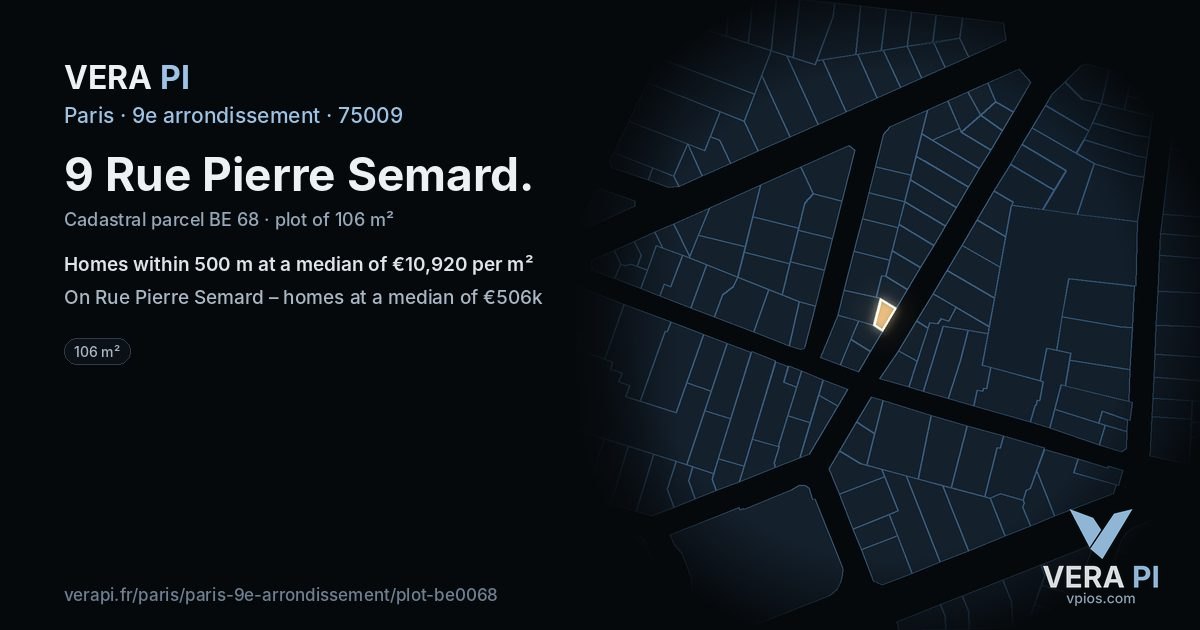 9 Rue Pierre Semard, 9e arrondissement at night – the plot lit, the parcels around coloured by the prices near them