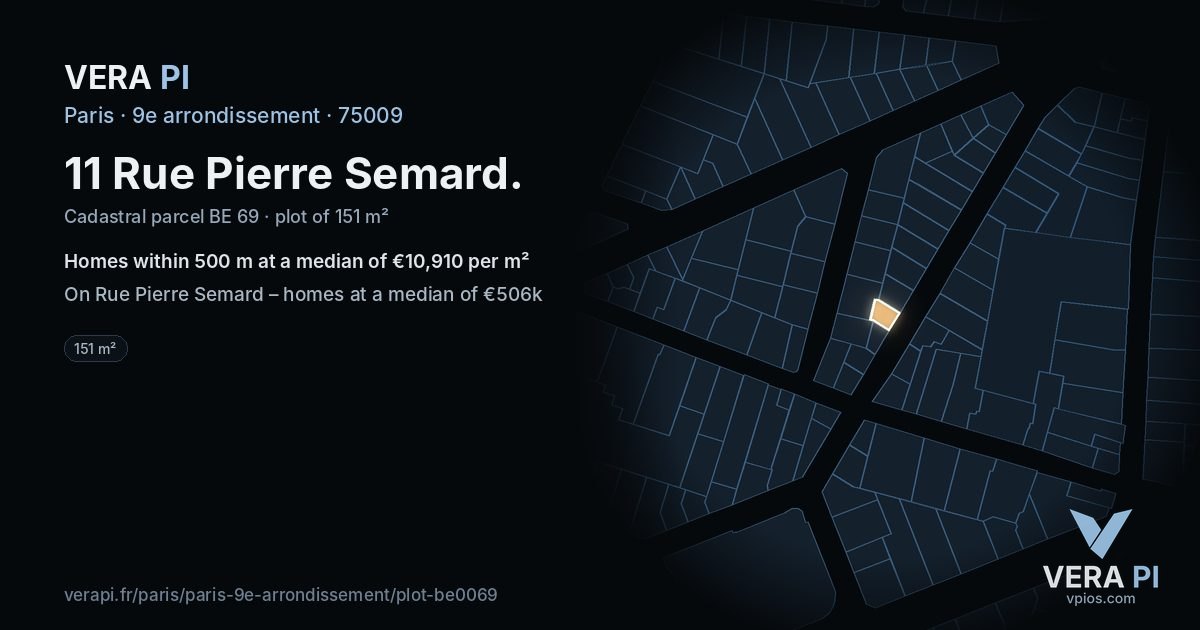 11 Rue Pierre Semard, 9e arrondissement at night – the plot lit, the parcels around coloured by the prices near them