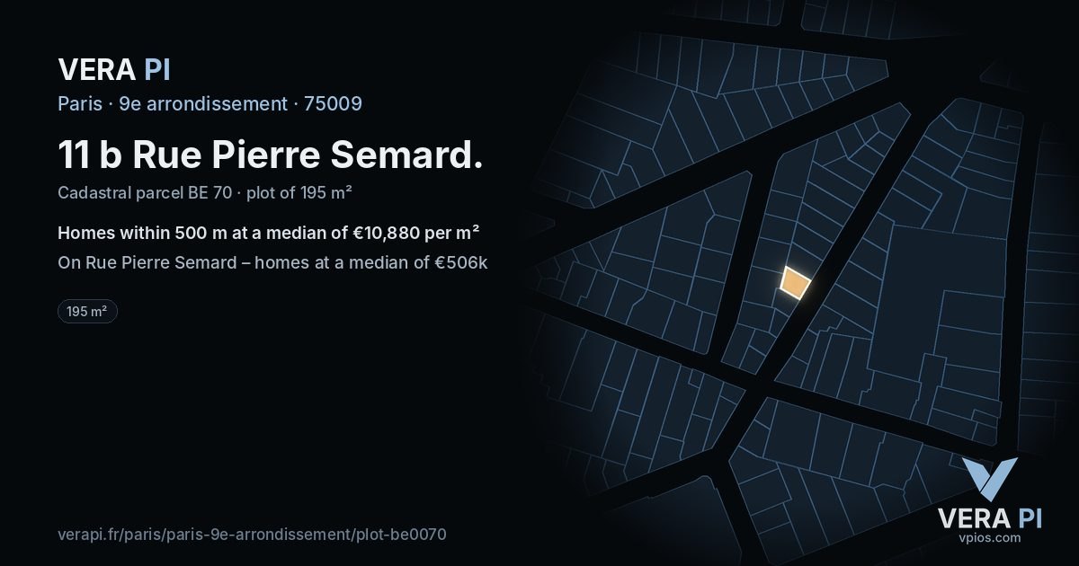 11 b Rue Pierre Semard, 9e arrondissement at night – the plot lit, the parcels around coloured by the prices near them