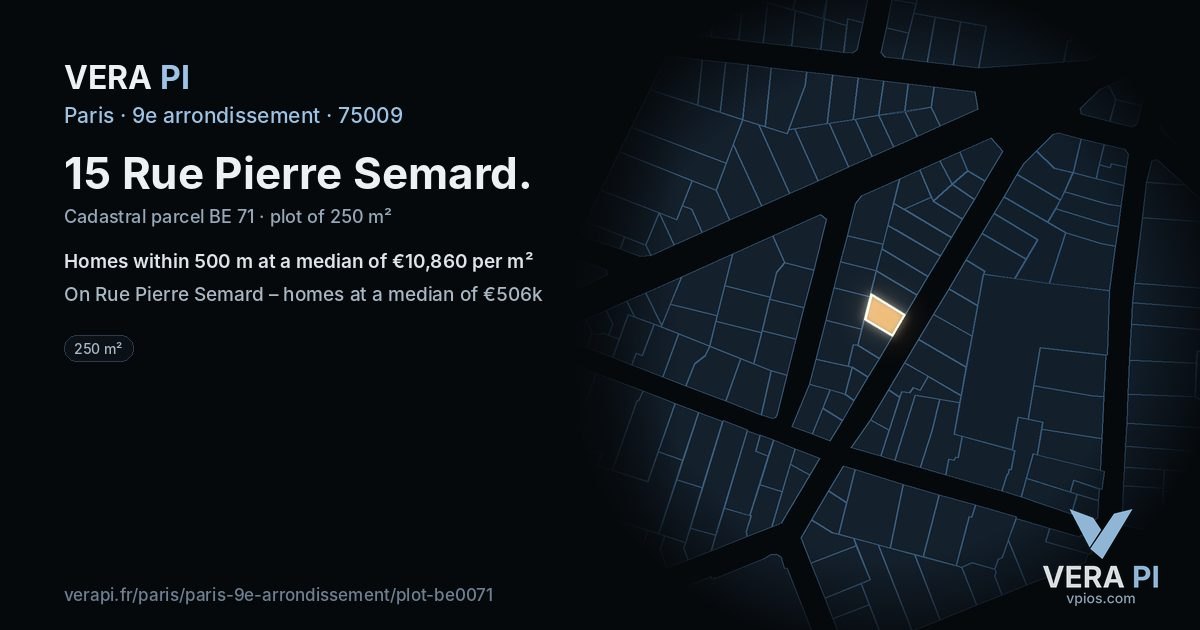 15 Rue Pierre Semard, 9e arrondissement at night – the plot lit, the parcels around coloured by the prices near them