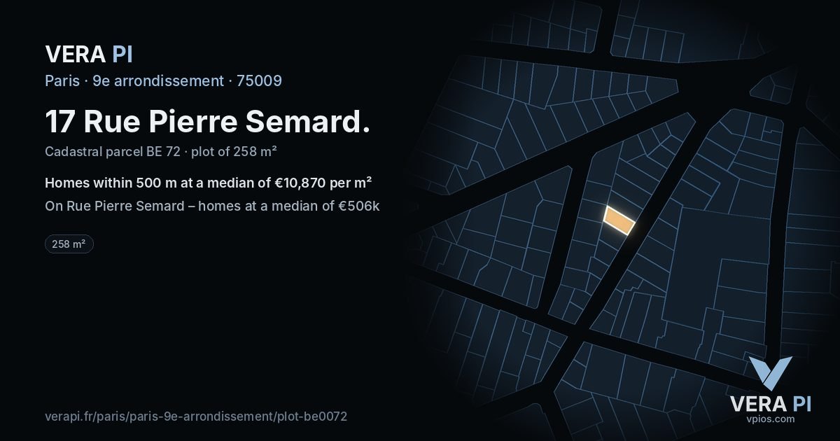 17 Rue Pierre Semard, 9e arrondissement at night – the plot lit, the parcels around coloured by the prices near them