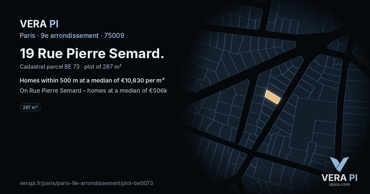 19 Rue Pierre Semard, 9e arrondissement at night – the plot lit, the parcels around coloured by the prices near them