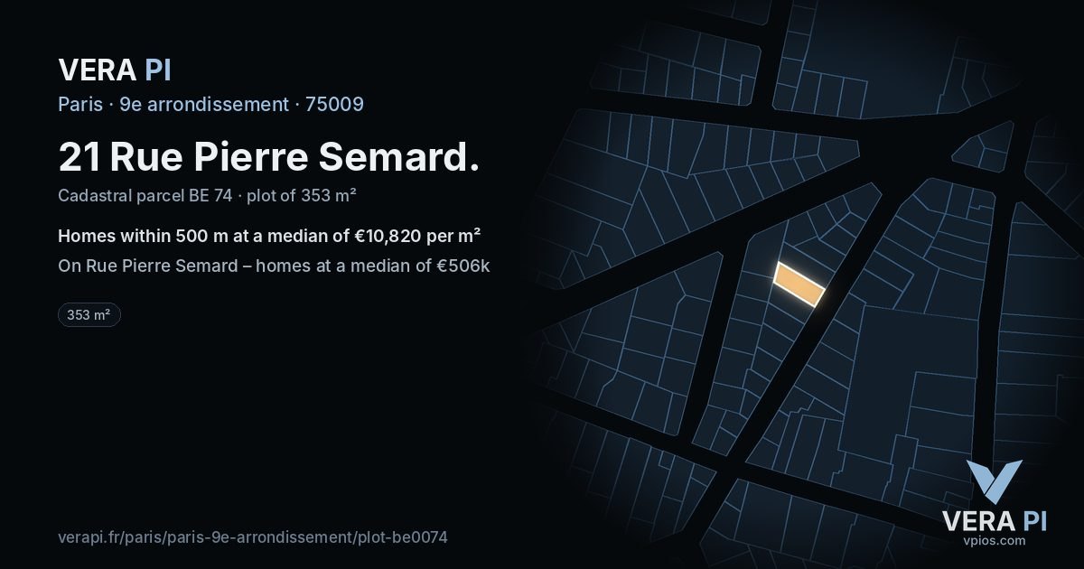 21 Rue Pierre Semard, 9e arrondissement at night – the plot lit, the parcels around coloured by the prices near them