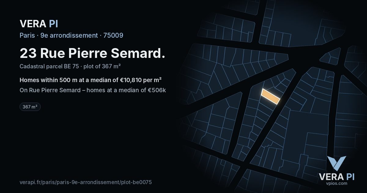 23 Rue Pierre Semard, 9e arrondissement at night – the plot lit, the parcels around coloured by the prices near them