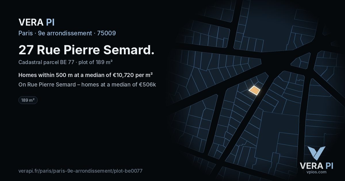 27 Rue Pierre Semard, 9e arrondissement at night – the plot lit, the parcels around coloured by the prices near them