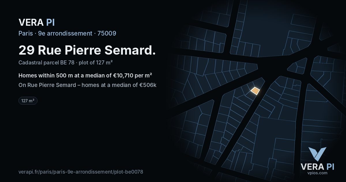 29 Rue Pierre Semard, 9e arrondissement at night – the plot lit, the parcels around coloured by the prices near them
