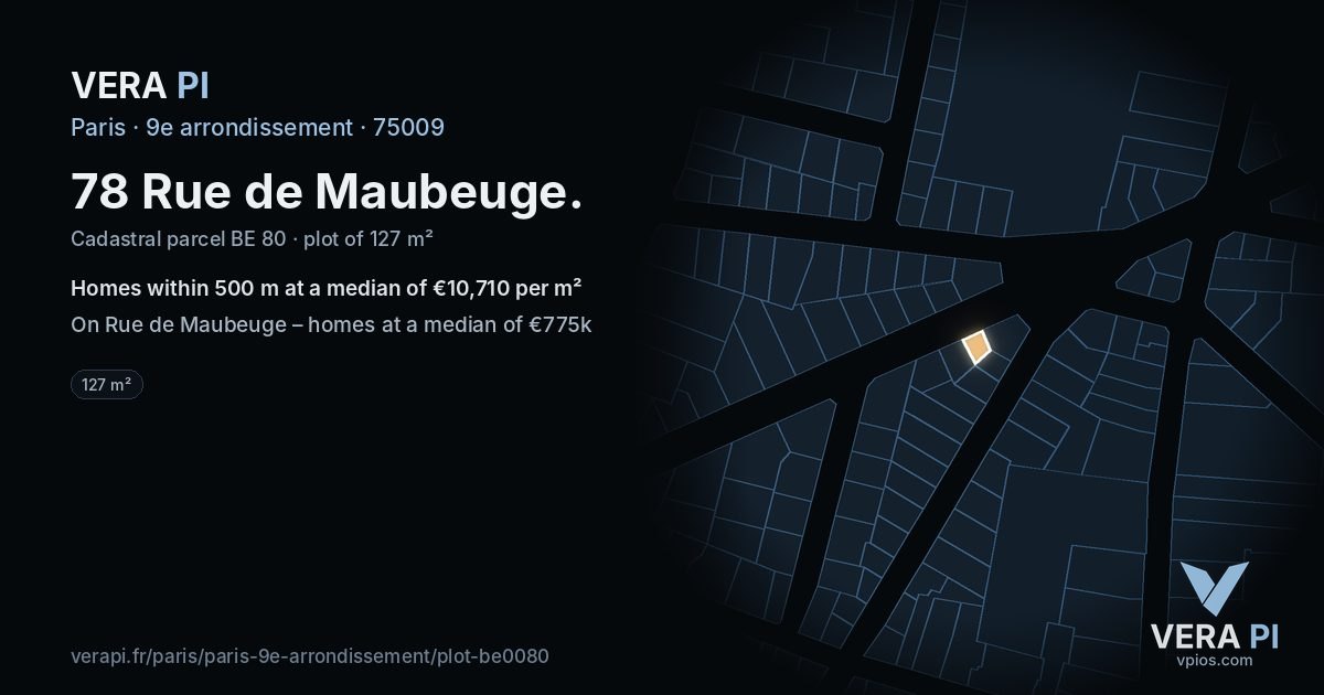 78 Rue de Maubeuge, 9e arrondissement at night – the plot lit, the parcels around coloured by the prices near them