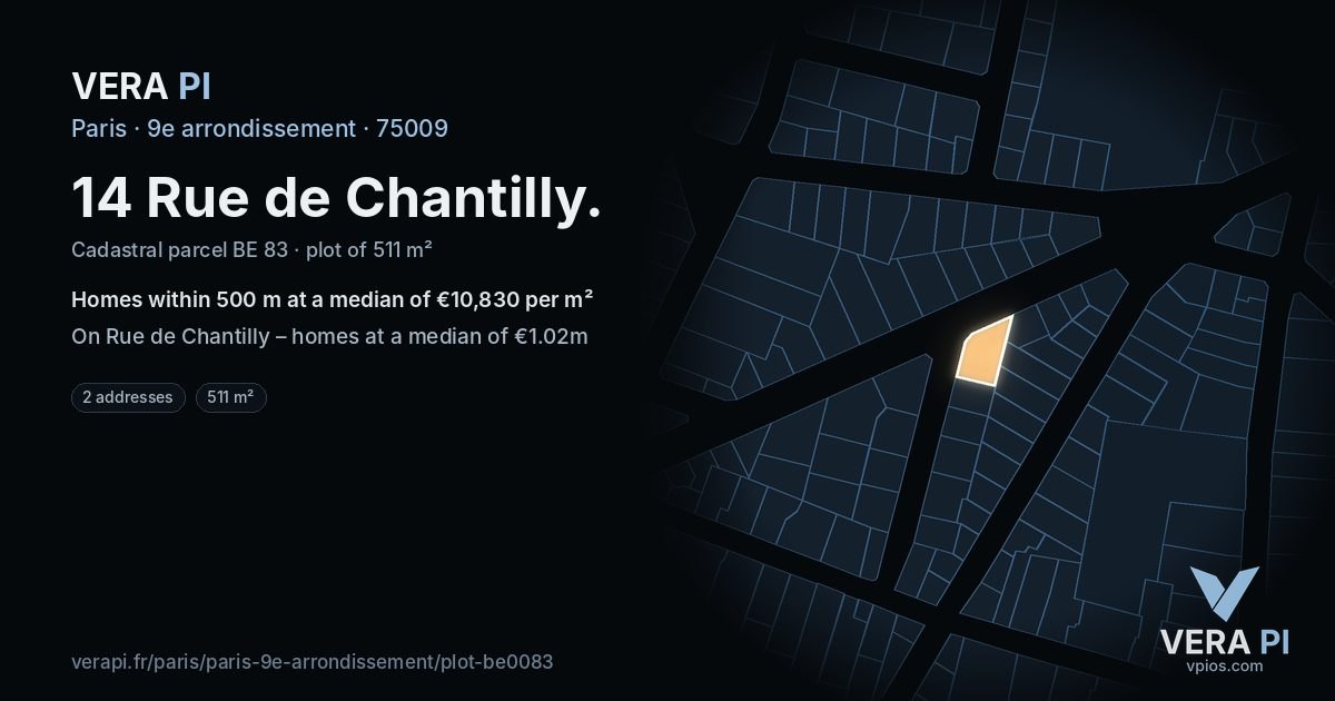 14 Rue de Chantilly, 9e arrondissement at night – the plot lit, the parcels around coloured by the prices near them