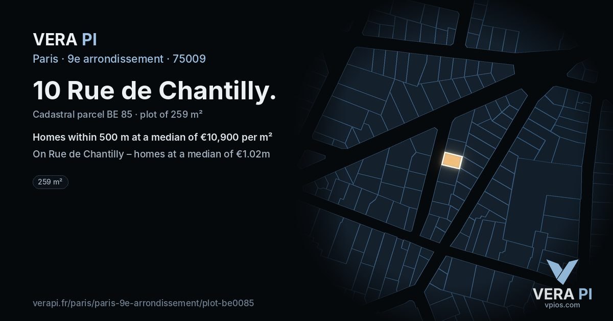 10 Rue de Chantilly, 9e arrondissement at night – the plot lit, the parcels around coloured by the prices near them