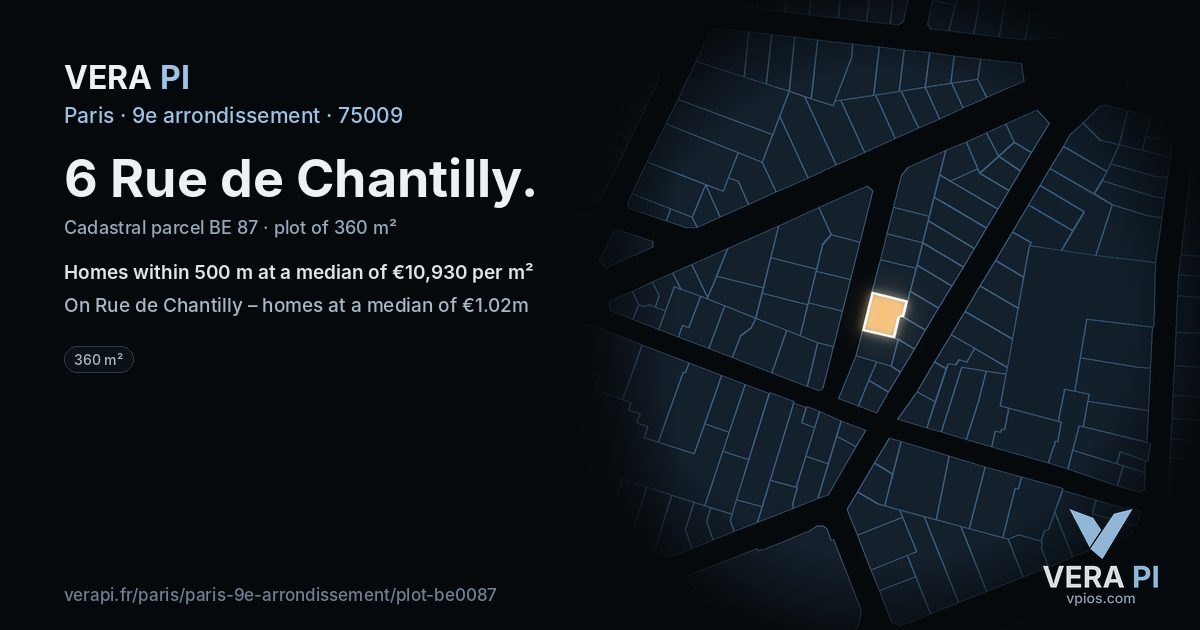 6 Rue de Chantilly, 9e arrondissement at night – the plot lit, the parcels around coloured by the prices near them