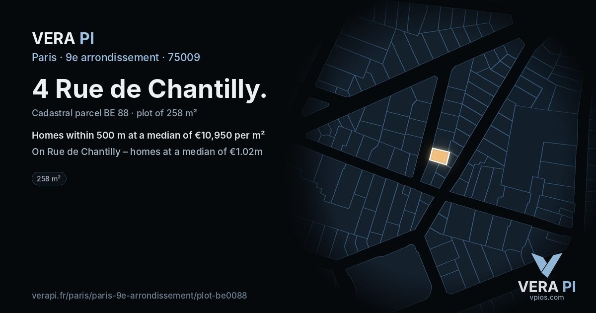 4 Rue de Chantilly, 9e arrondissement at night – the plot lit, the parcels around coloured by the prices near them