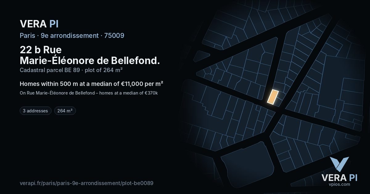 22 b Rue Marie-Éléonore de Bellefond, 9e arrondissement at night – the plot lit, the parcels around coloured by the prices near them