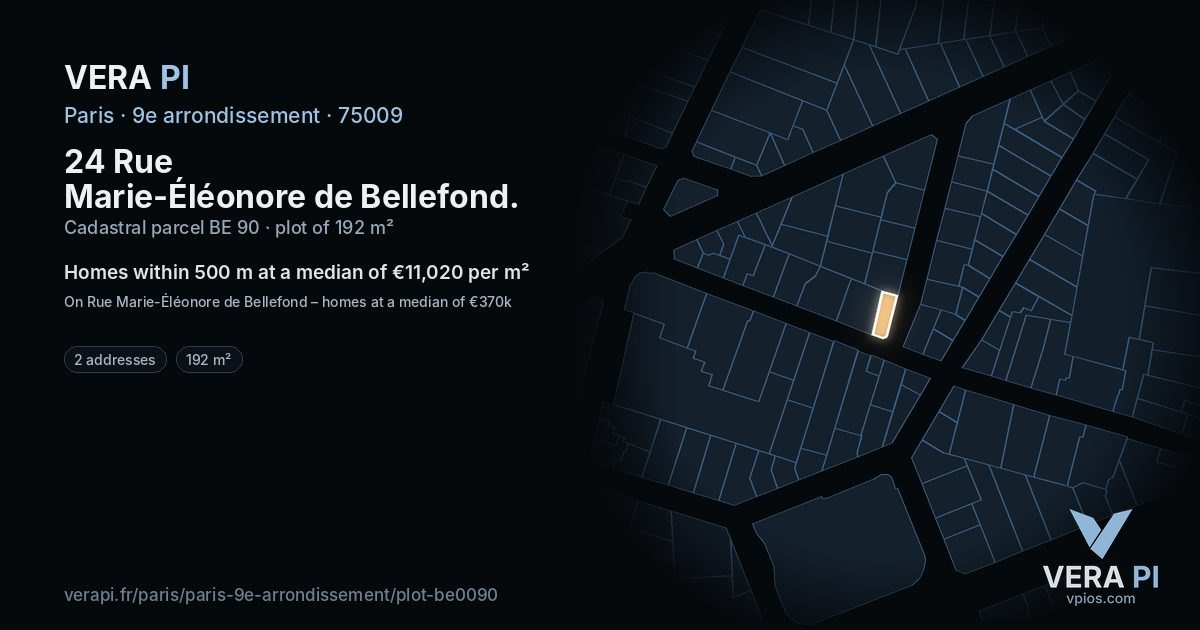 24 Rue Marie-Éléonore de Bellefond, 9e arrondissement at night – the plot lit, the parcels around coloured by the prices near them