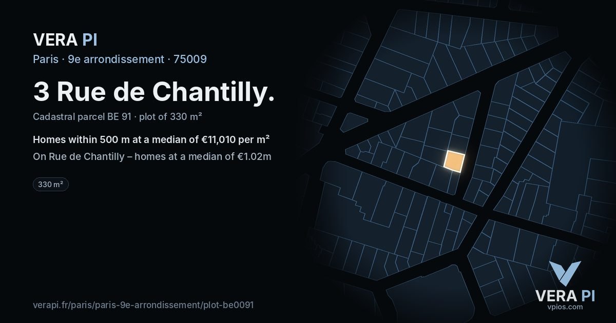 3 Rue de Chantilly, 9e arrondissement at night – the plot lit, the parcels around coloured by the prices near them