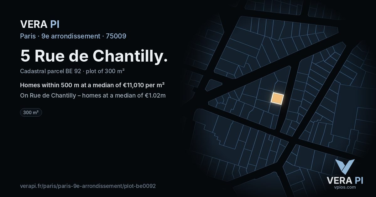 5 Rue de Chantilly, 9e arrondissement at night – the plot lit, the parcels around coloured by the prices near them