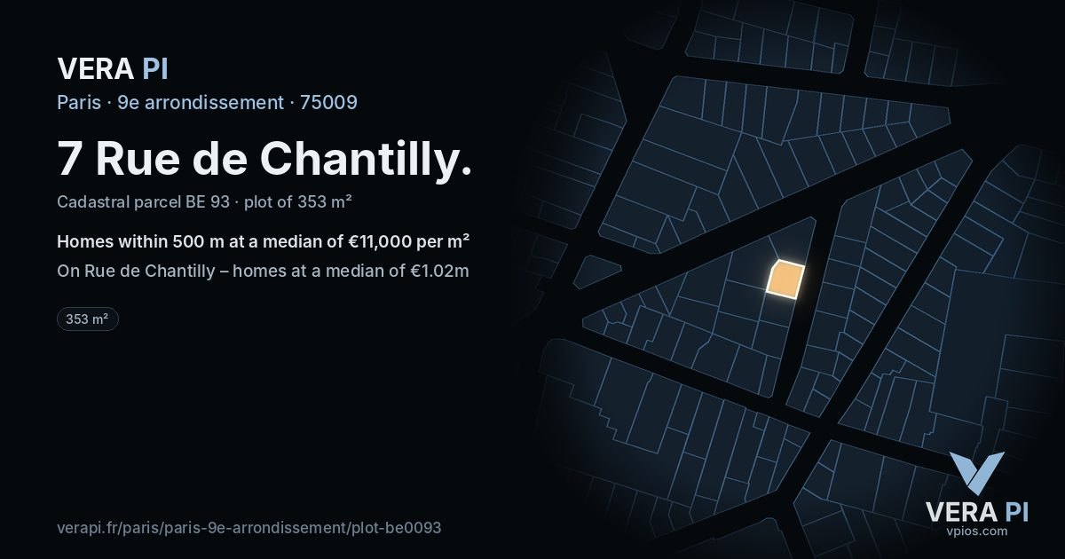 7 Rue de Chantilly, 9e arrondissement at night – the plot lit, the parcels around coloured by the prices near them