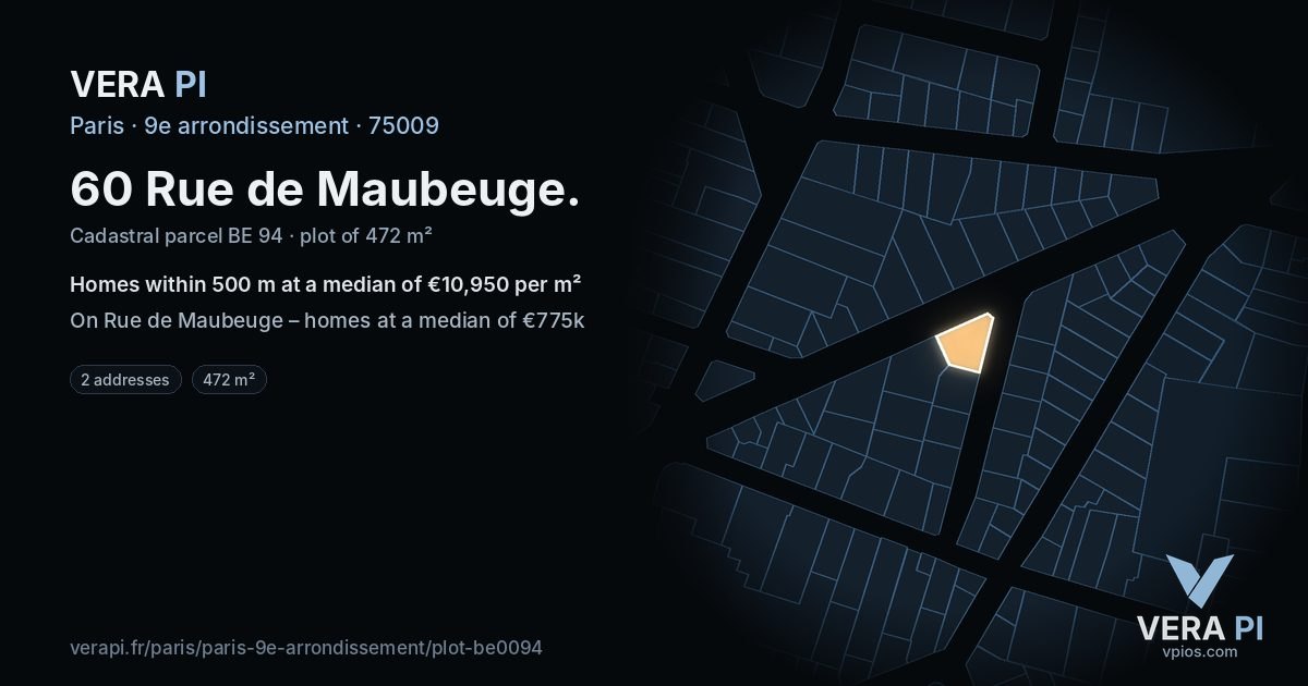 60 Rue de Maubeuge, 9e arrondissement at night – the plot lit, the parcels around coloured by the prices near them