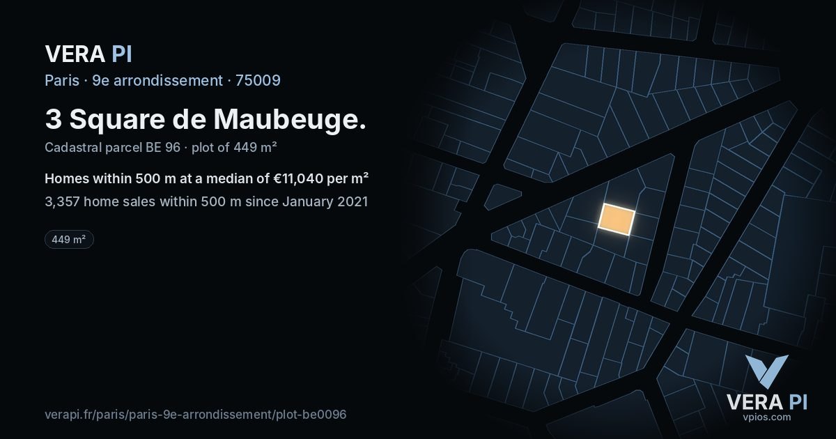 3 Square de Maubeuge, 9e arrondissement at night – the plot lit, the parcels around coloured by the prices near them