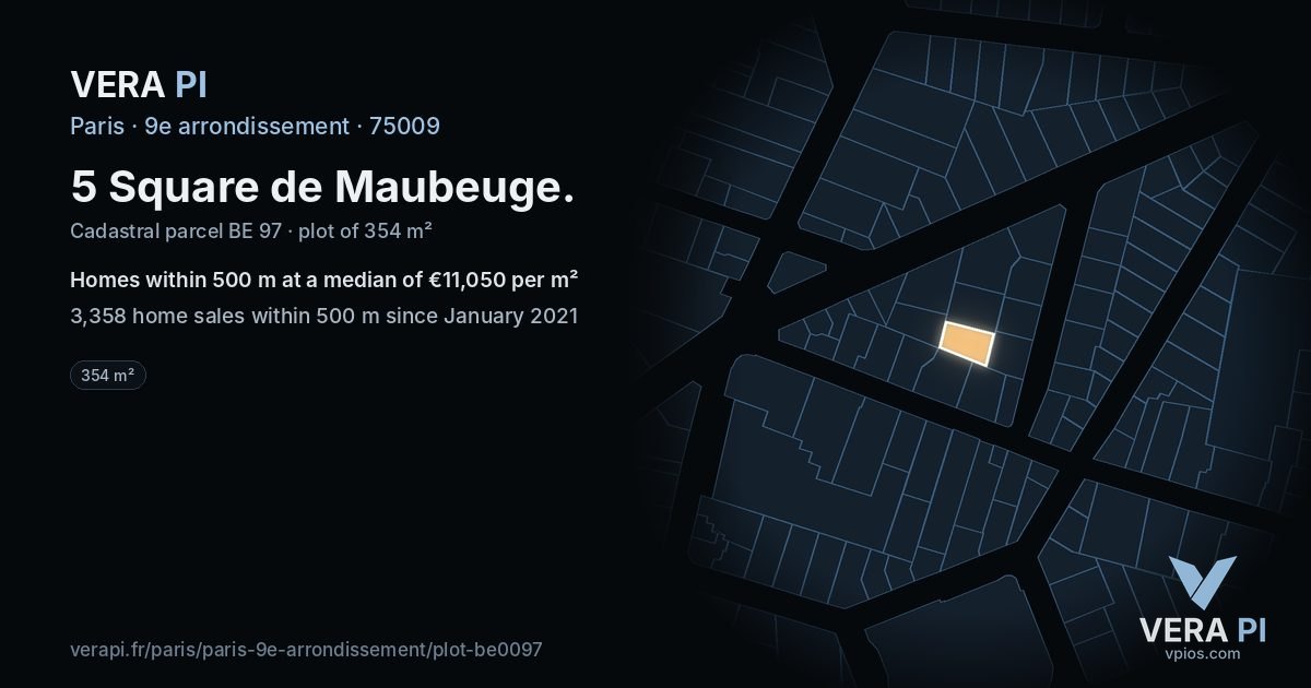 5 Square de Maubeuge, 9e arrondissement at night – the plot lit, the parcels around coloured by the prices near them