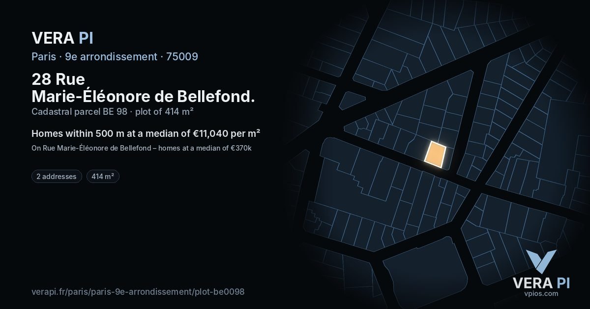 28 Rue Marie-Éléonore de Bellefond, 9e arrondissement at night – the plot lit, the parcels around coloured by the prices near them