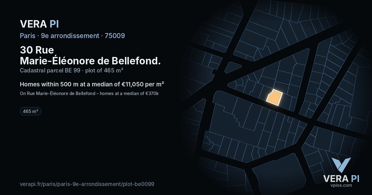 30 Rue Marie-Éléonore de Bellefond, 9e arrondissement at night – the plot lit, the parcels around coloured by the prices near them