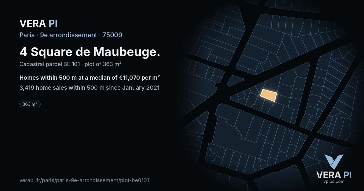 4 Square de Maubeuge, 9e arrondissement at night – the plot lit, the parcels around coloured by the prices near them