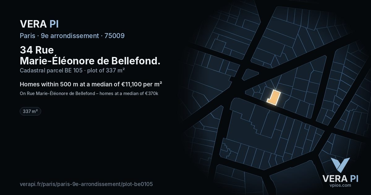 34 Rue Marie-Éléonore de Bellefond, 9e arrondissement at night – the plot lit, the parcels around coloured by the prices near them