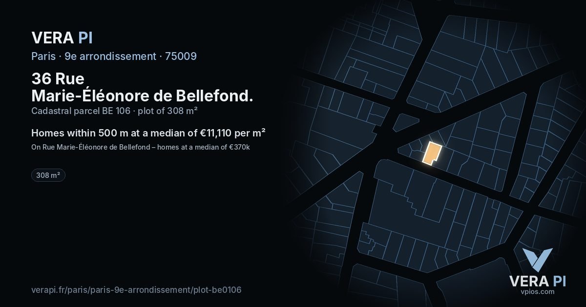 36 Rue Marie-Éléonore de Bellefond, 9e arrondissement at night – the plot lit, the parcels around coloured by the prices near them
