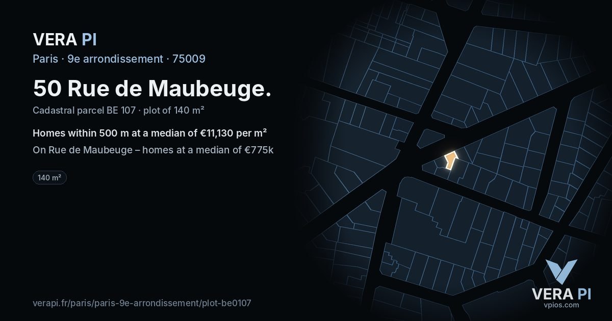 50 Rue de Maubeuge, 9e arrondissement at night – the plot lit, the parcels around coloured by the prices near them