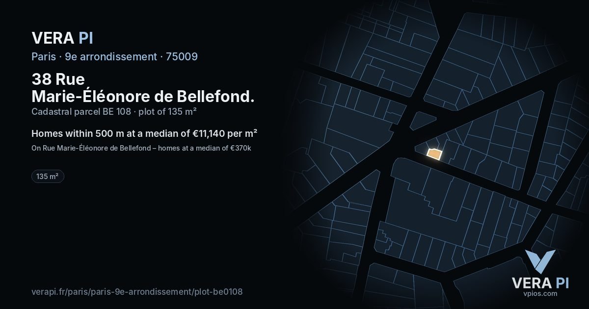 38 Rue Marie-Éléonore de Bellefond, 9e arrondissement at night – the plot lit, the parcels around coloured by the prices near them