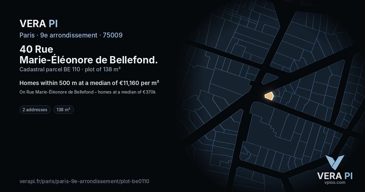 40 Rue Marie-Éléonore de Bellefond, 9e arrondissement at night – the plot lit, the parcels around coloured by the prices near them