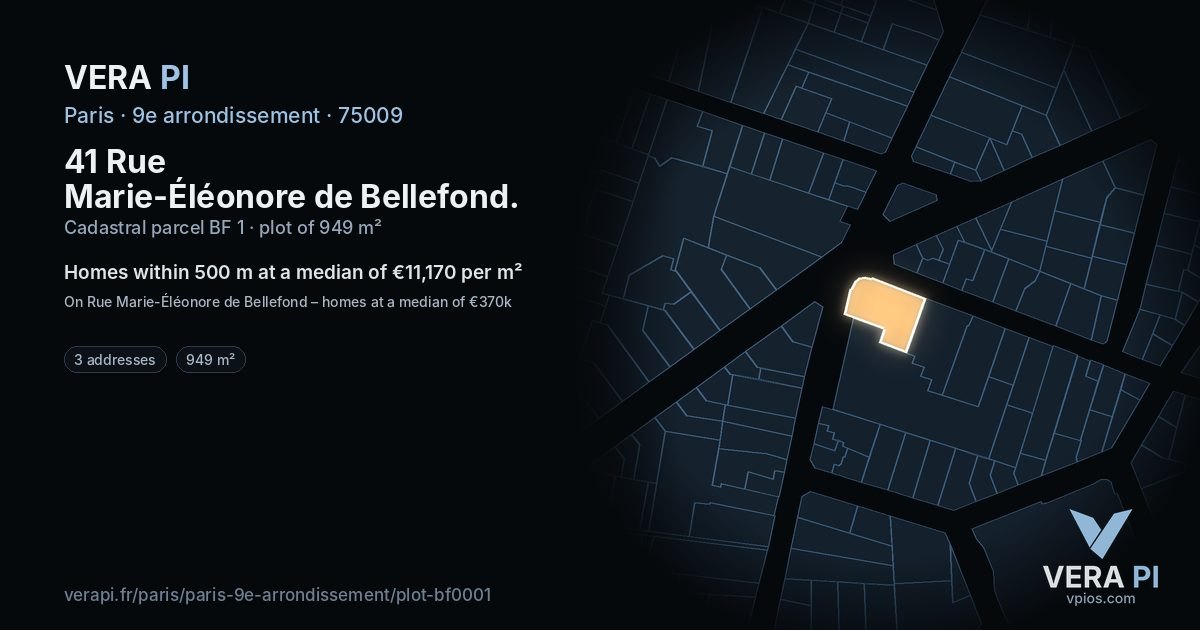 41 Rue Marie-Éléonore de Bellefond, 9e arrondissement at night – the plot lit, the parcels around coloured by the prices near them