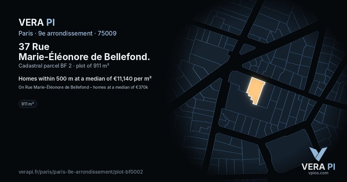 37 Rue Marie-Éléonore de Bellefond, 9e arrondissement at night – the plot lit, the parcels around coloured by the prices near them