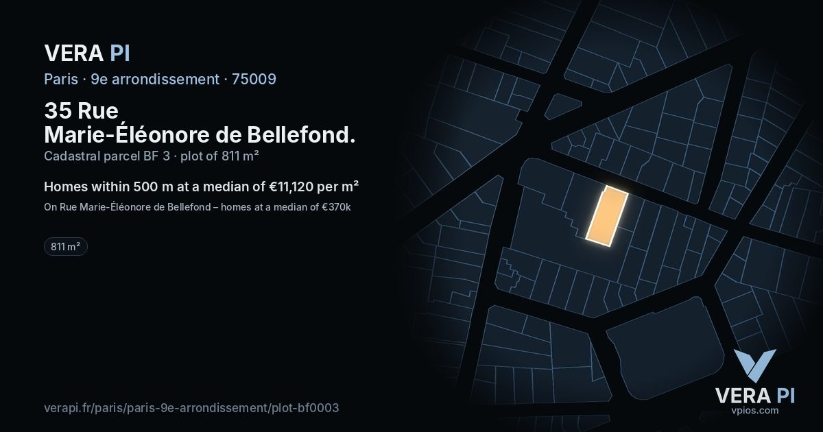 35 Rue Marie-Éléonore de Bellefond, 9e arrondissement at night – the plot lit, the parcels around coloured by the prices near them