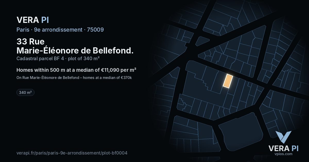 33 Rue Marie-Éléonore de Bellefond, 9e arrondissement at night – the plot lit, the parcels around coloured by the prices near them
