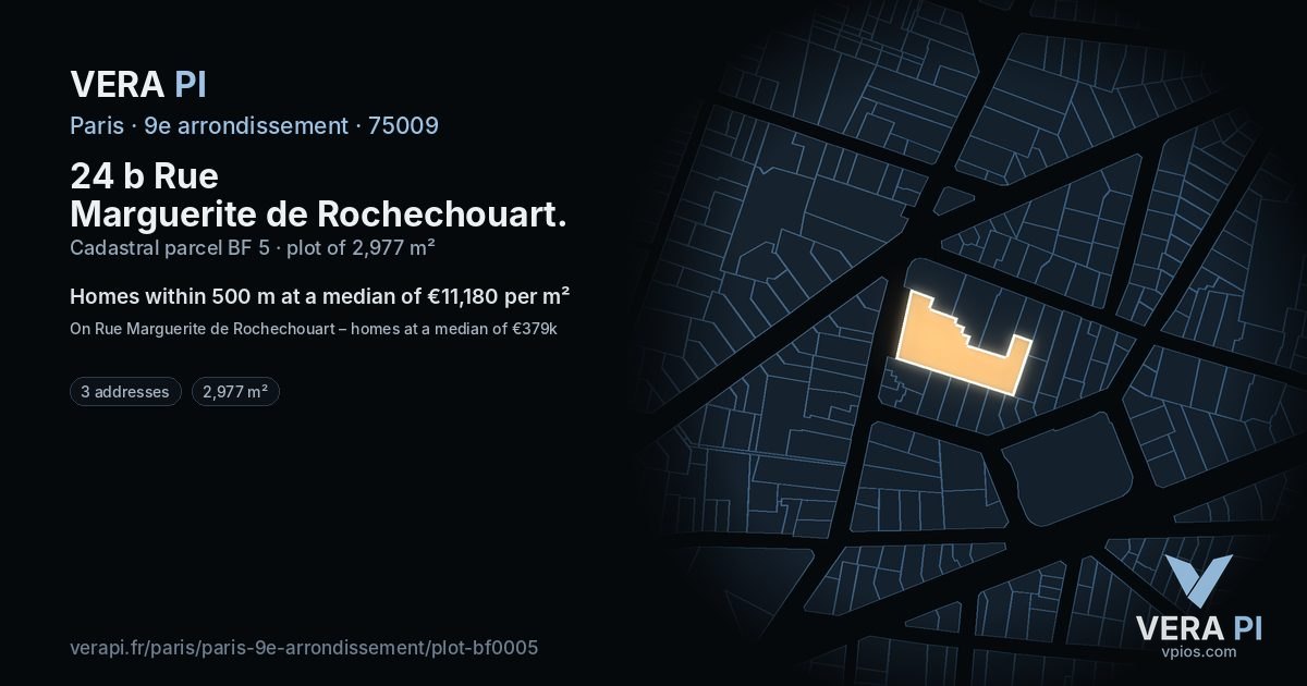 24 b Rue Marguerite de Rochechouart, 9e arrondissement at night – the plot lit, the parcels around coloured by the prices near them