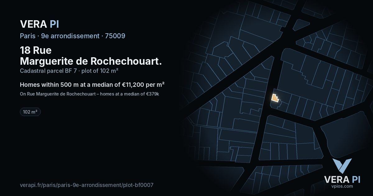 18 Rue Marguerite de Rochechouart, 9e arrondissement at night – the plot lit, the parcels around coloured by the prices near them
