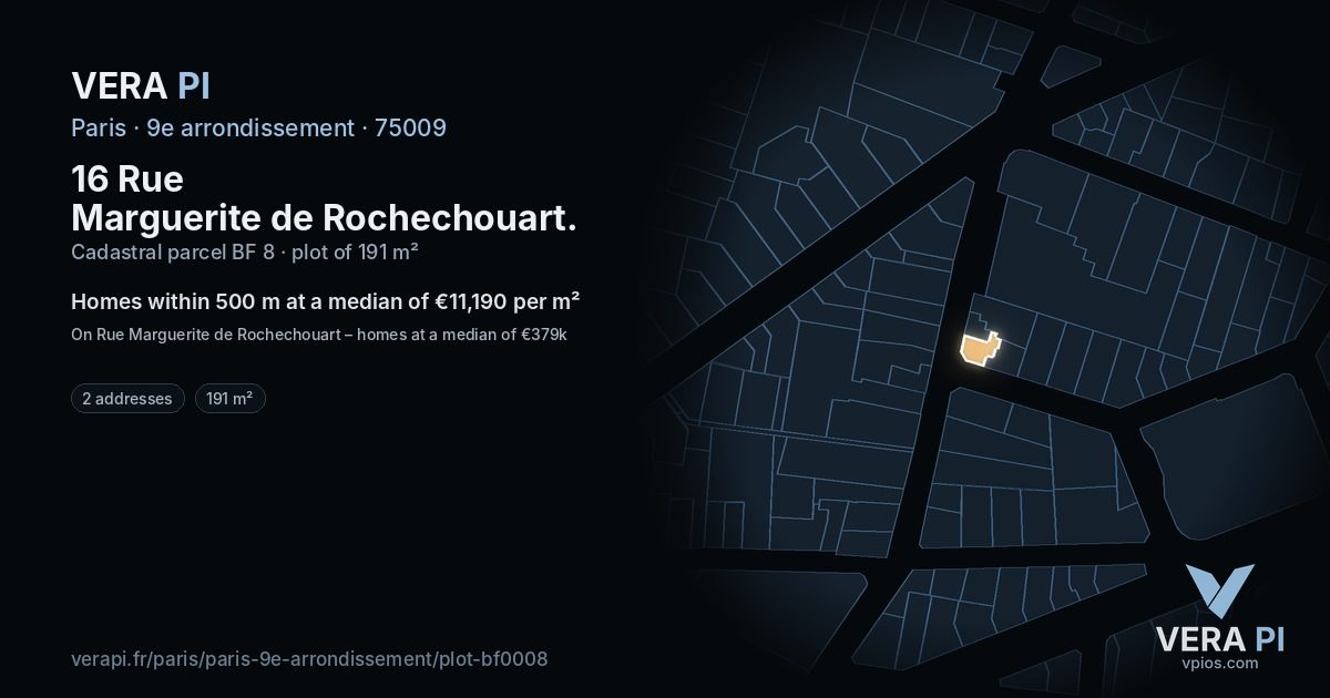 16 Rue Marguerite de Rochechouart, 9e arrondissement at night – the plot lit, the parcels around coloured by the prices near them