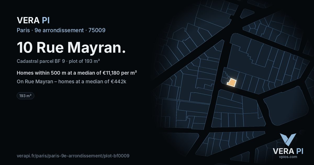 10 Rue Mayran, 9e arrondissement at night – the plot lit, the parcels around coloured by the prices near them