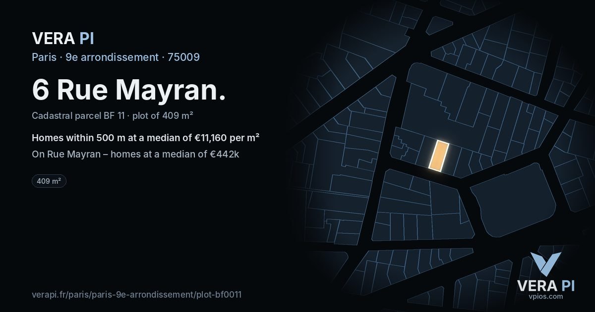 6 Rue Mayran, 9e arrondissement at night – the plot lit, the parcels around coloured by the prices near them