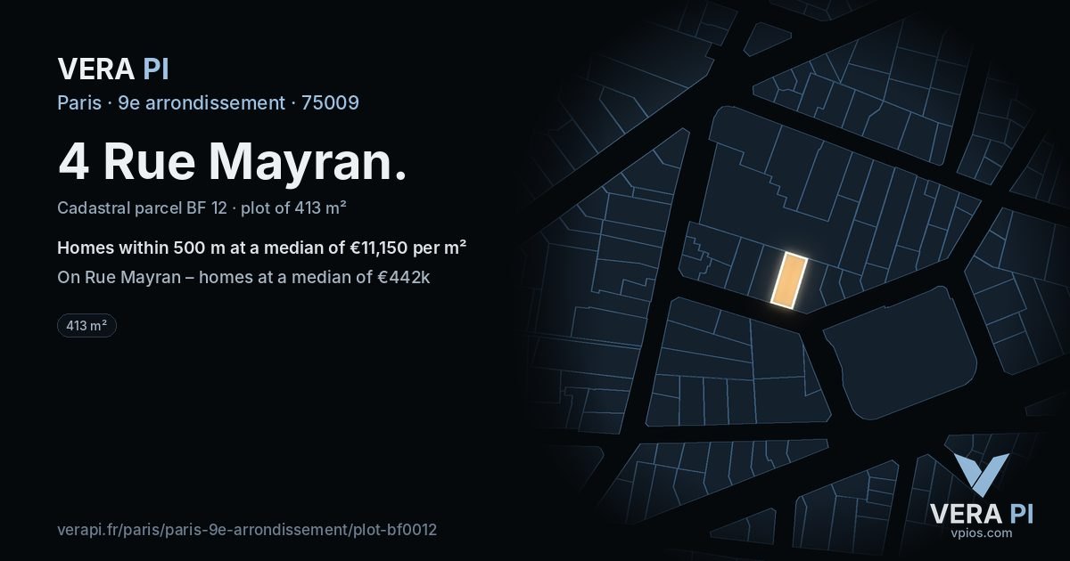 4 Rue Mayran, 9e arrondissement at night – the plot lit, the parcels around coloured by the prices near them