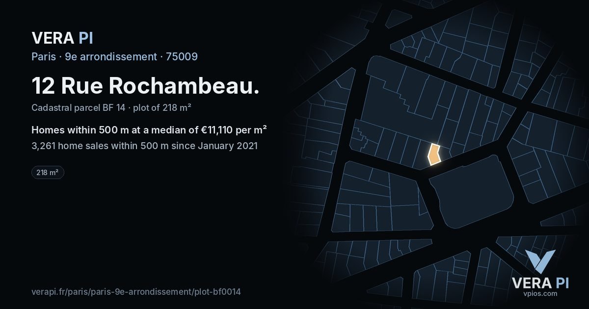 12 Rue Rochambeau, 9e arrondissement at night – the plot lit, the parcels around coloured by the prices near them